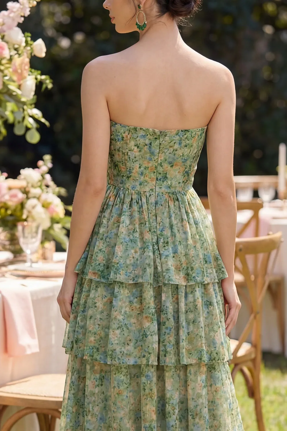 A Line Strapless Dusty Green Floral Wedding Guest Dress with Slit sold by Wedtrend product image thumbnail 4