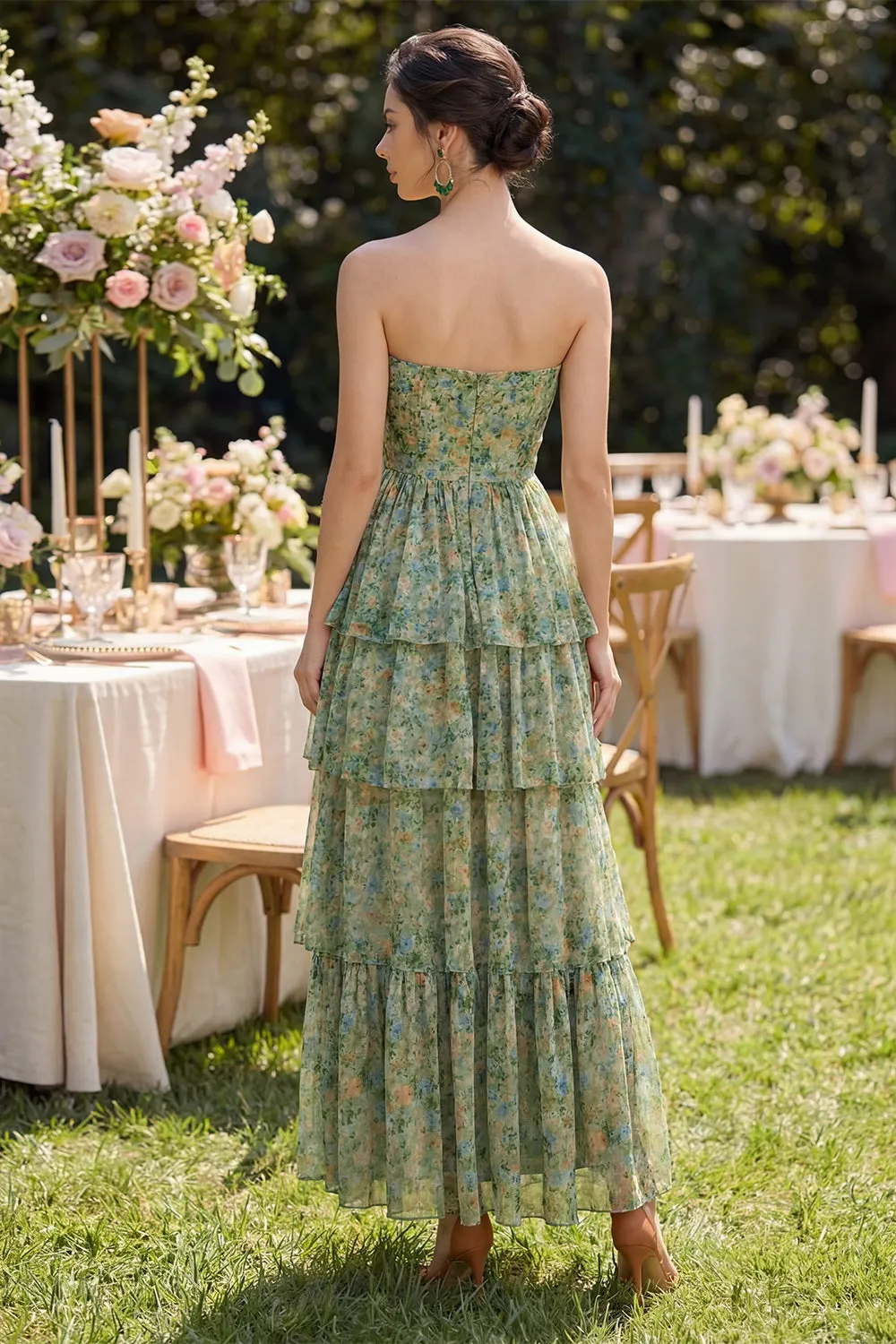 A Line Strapless Dusty Green Floral Wedding Guest Dress with Slit sold by Wedtrend product image thumbnail 2