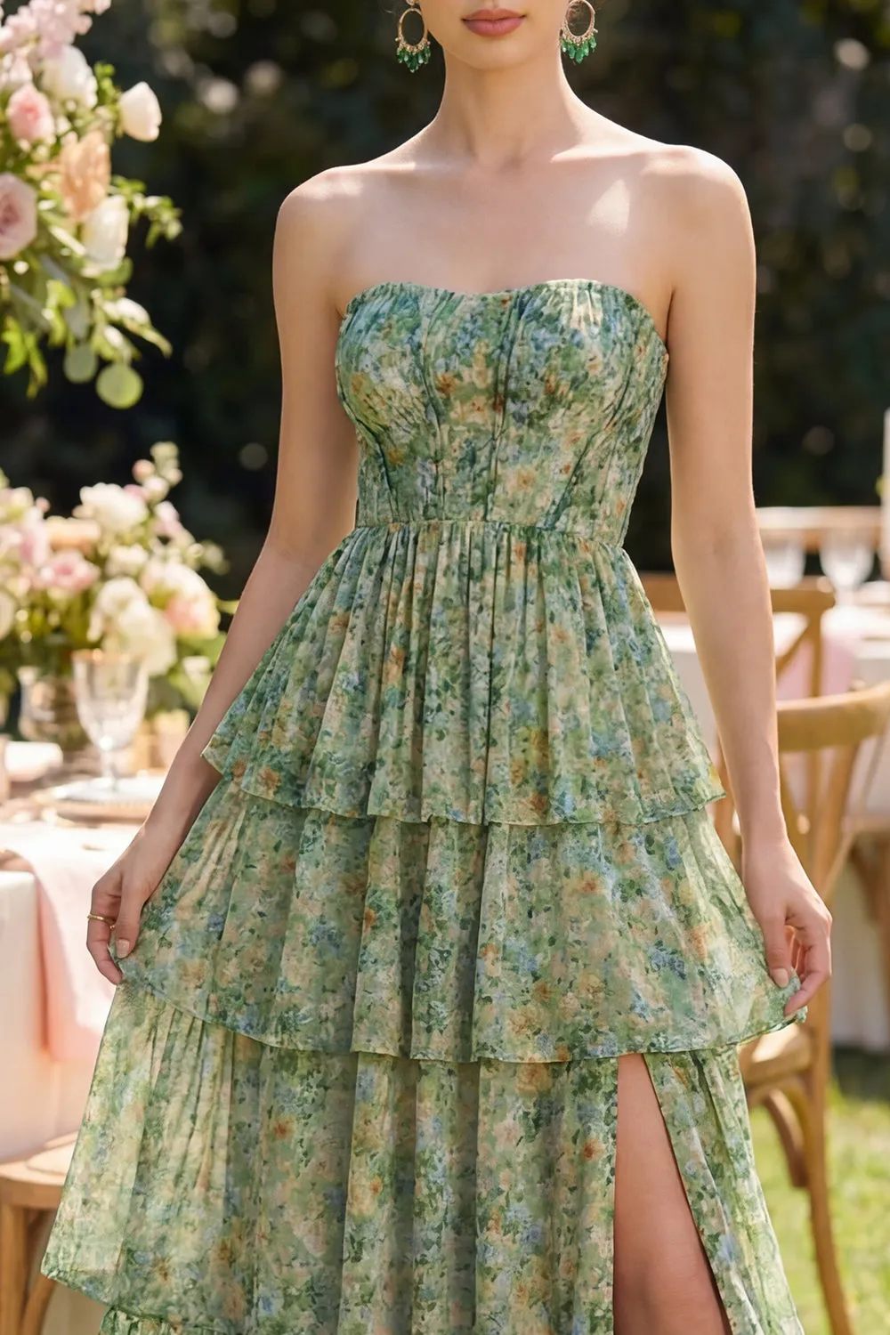 A Line Strapless Dusty Green Floral Wedding Guest Dress with Slit sold by Wedtrend product image thumbnail 3