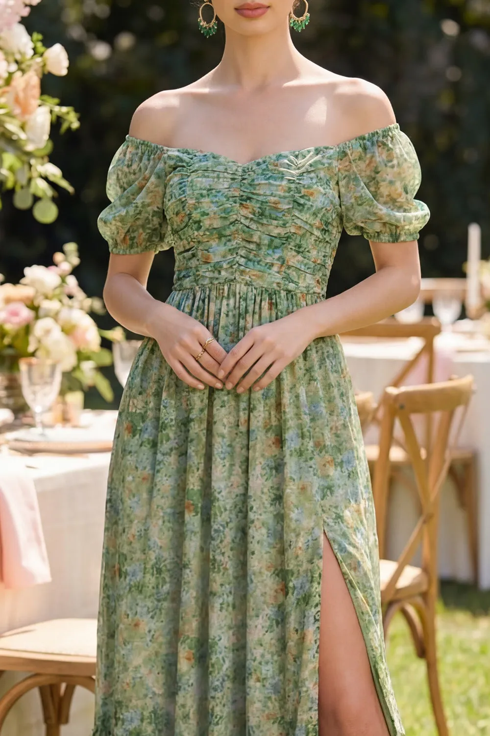 Off the Shoulder Floral Dusty Green Wedding Guest Dress with Puff Sleeves sold by Wedtrend product image thumbnail 3