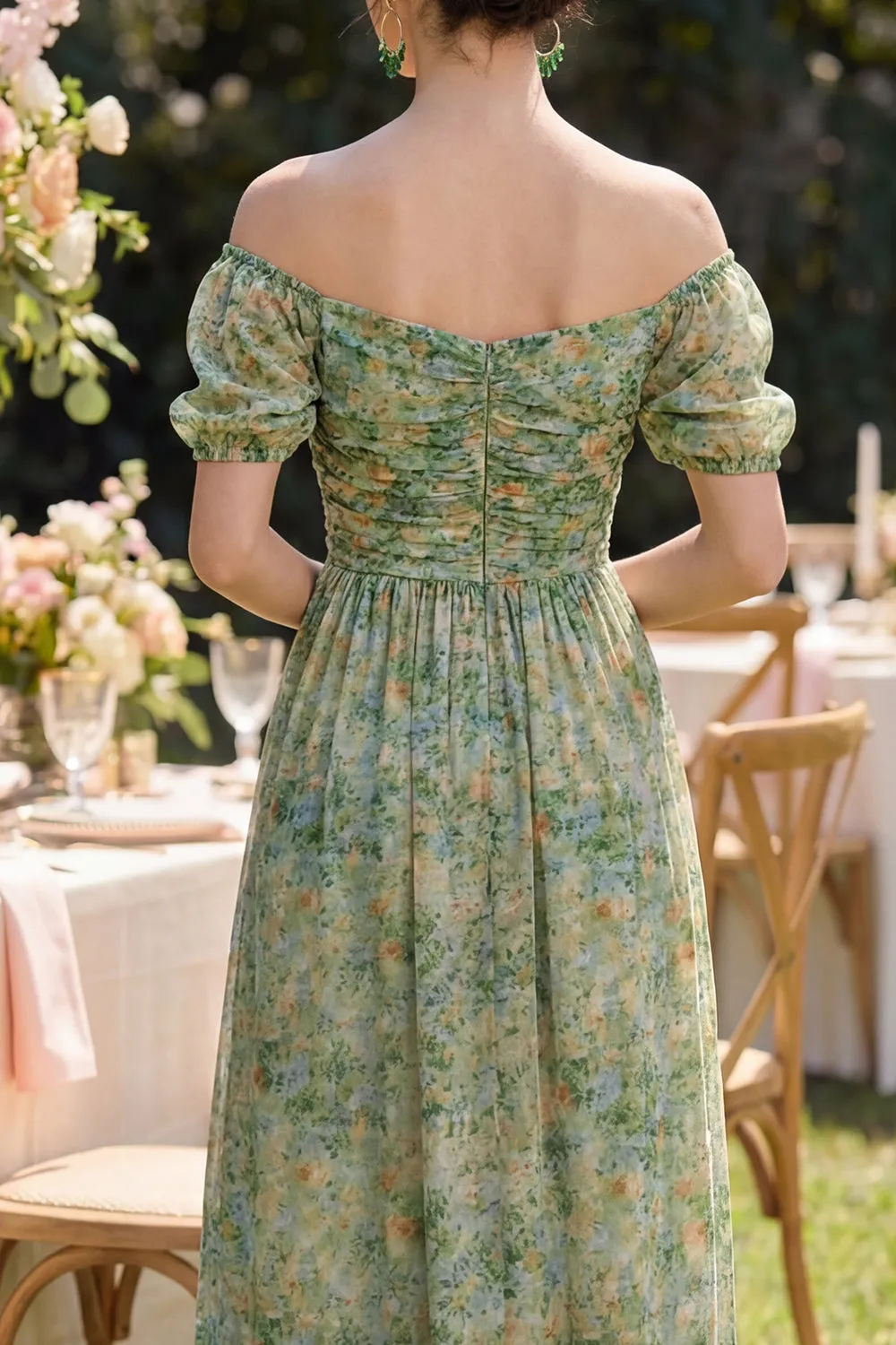 Off the Shoulder Floral Dusty Green Wedding Guest Dress with Puff Sleeves sold by Wedtrend product image thumbnail 4