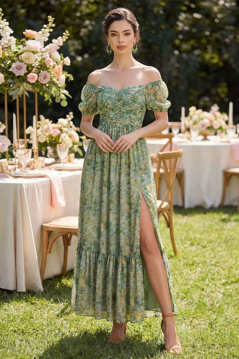 Off the Shoulder Floral Dusty Green Wedding Guest Dress with Puff Sleeves sold by Wedtrend