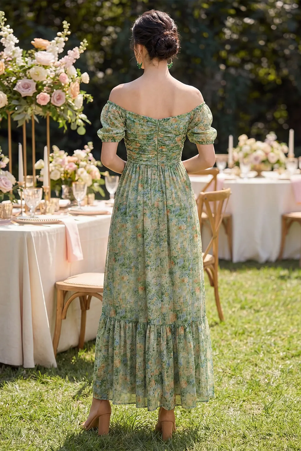 Off the Shoulder Floral Dusty Green Wedding Guest Dress with Puff Sleeves sold by Wedtrend product image thumbnail 2
