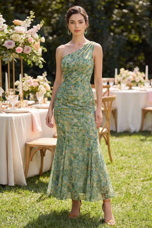 One Shoulder Dusty Green Floral Mermaid Wedding Guest Dress made by Wedtrend