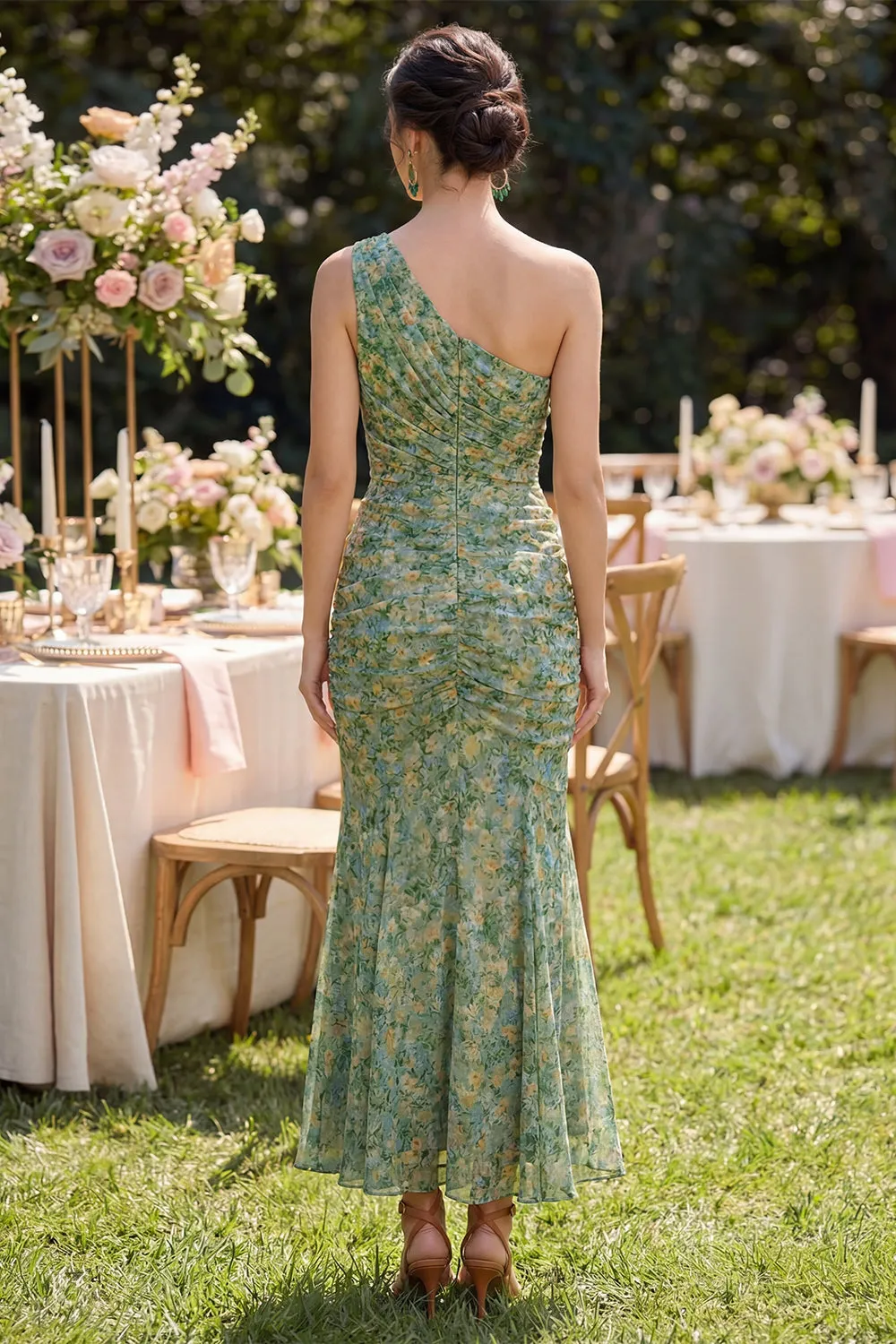 One Shoulder Dusty Green Floral Mermaid Wedding Guest Dress sold by Wedtrend product image thumbnail 2