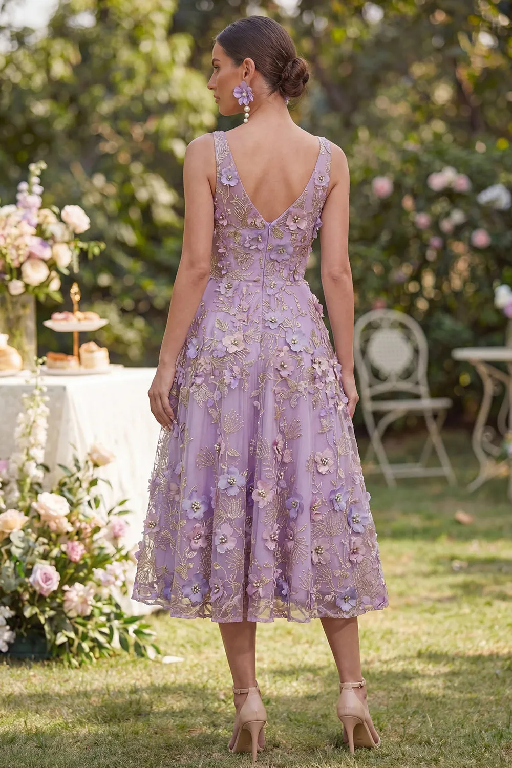 Floral Lilac A Line V Neck Midi Wedding Guest Dress sold by Wedtrend product image thumbnail 2