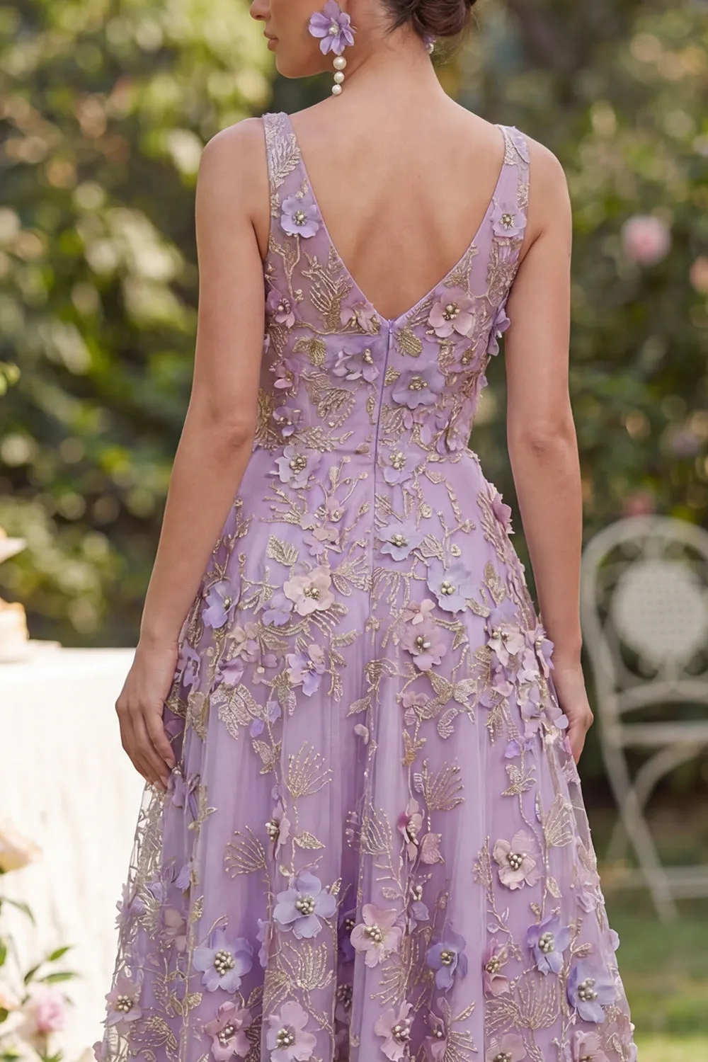 Floral Lilac A Line V Neck Midi Wedding Guest Dress sold by Wedtrend product image thumbnail 4