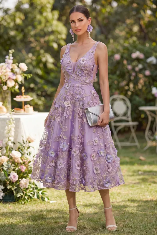 Floral Lilac A Line V Neck Midi Wedding Guest Dress made by Wedtrend