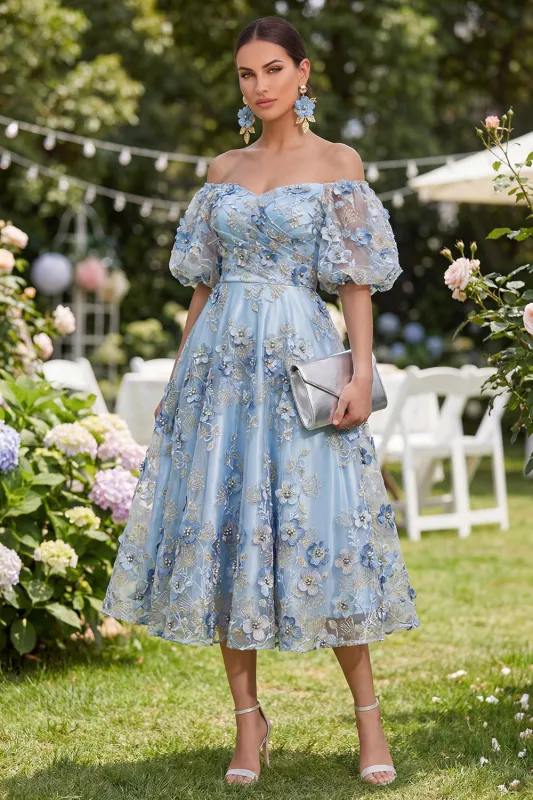 Blue Off the Shoulder Floral Wedding Guest Dress with Puff Sleeves made by Wedtrend