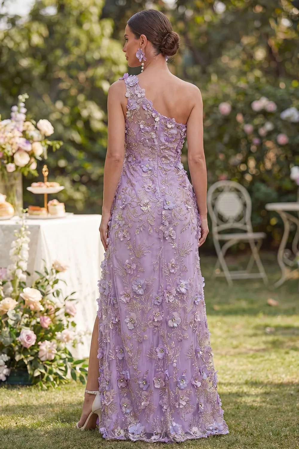 One Shoulder Lilac Floral Wedding Guest Dress with Slit sold by Wedtrend product image thumbnail 2