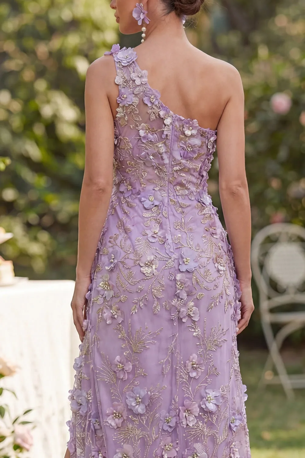 One Shoulder Lilac Floral Wedding Guest Dress with Slit sold by Wedtrend product image thumbnail 4