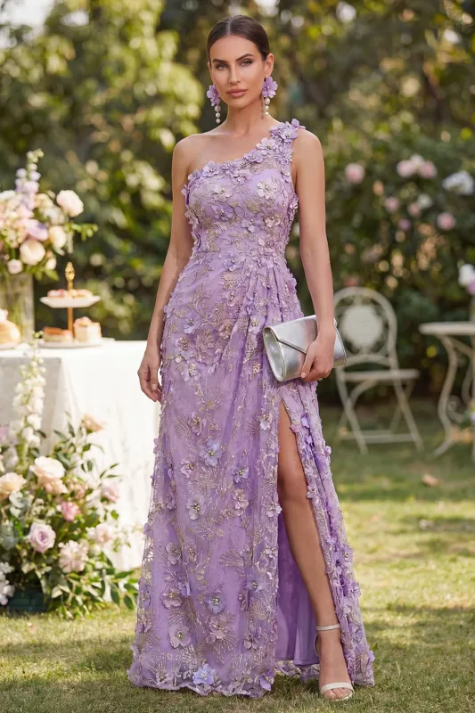 One Shoulder Lilac Floral Wedding Guest Dress with Slit made by Wedtrend