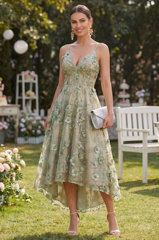 Dusty Green Floral Applique High-Low Wedding Guest Dress made by Wedtrend
