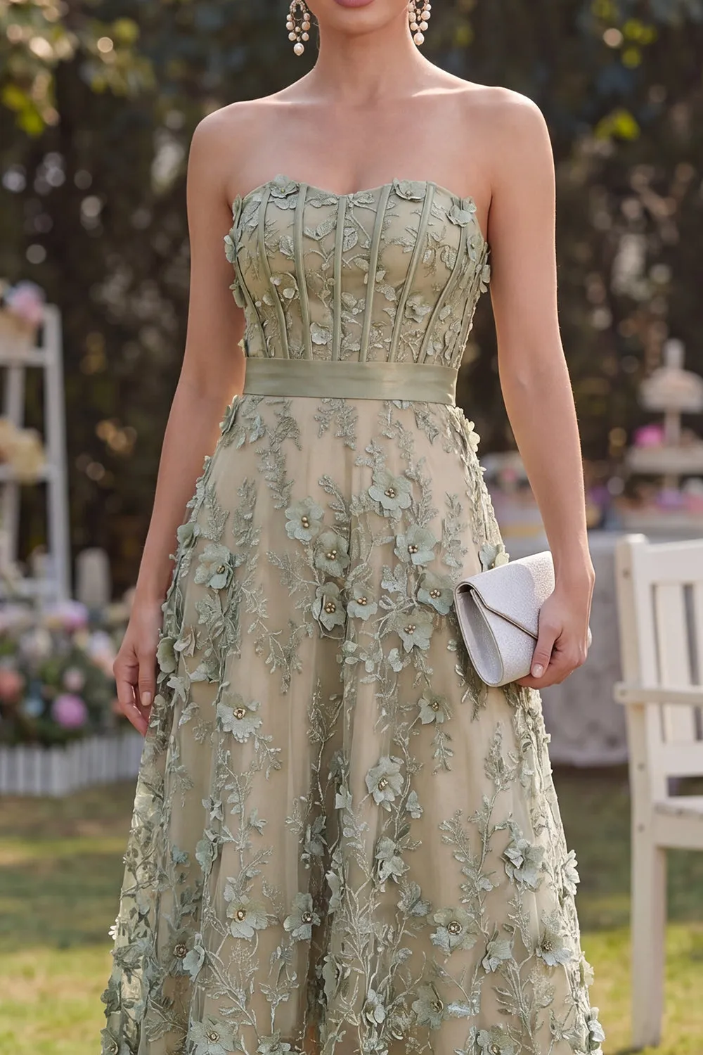 Strapless A Line High Low Dusty Green Floral Wedding Guest Dress sold by Wedtrend product image thumbnail 3