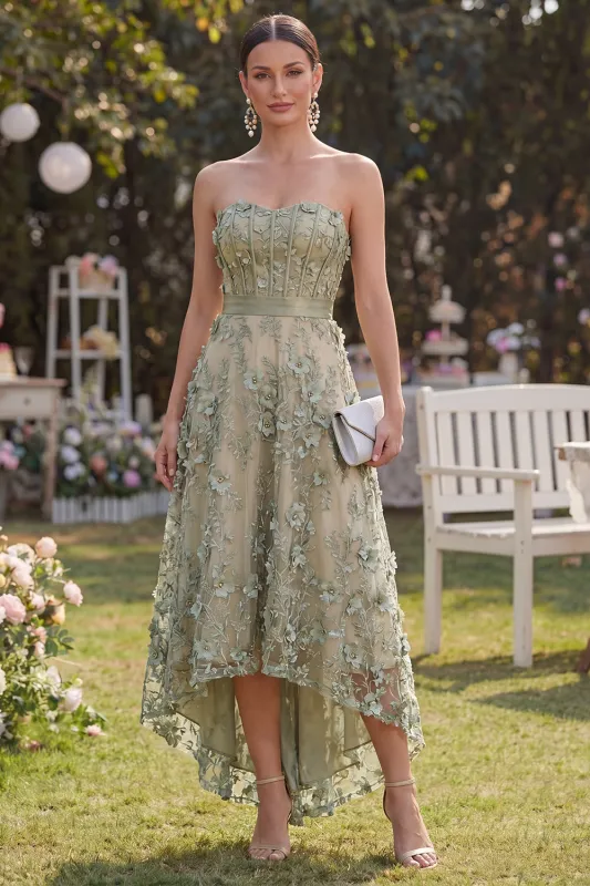 Strapless A Line High Low Dusty Green Floral Wedding Guest Dress made by Wedtrend