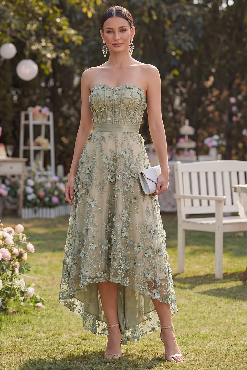Strapless A Line High Low Dusty Green Floral Wedding Guest Dress sold by Wedtrend