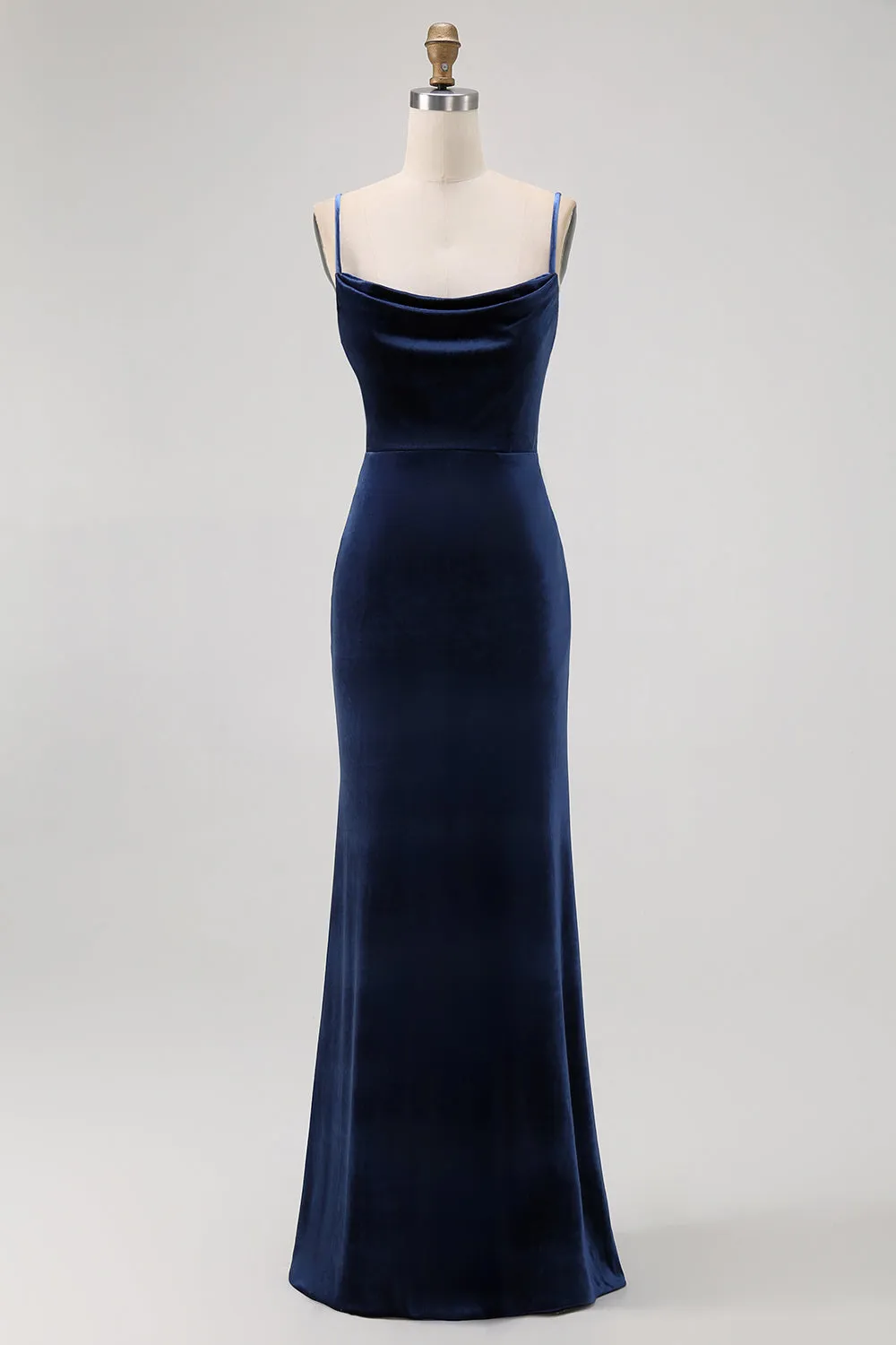Dark Blue Mermaid Cowl Neck Velvet Long Bridesmaid Dress with Open Back sold by Wedtrend