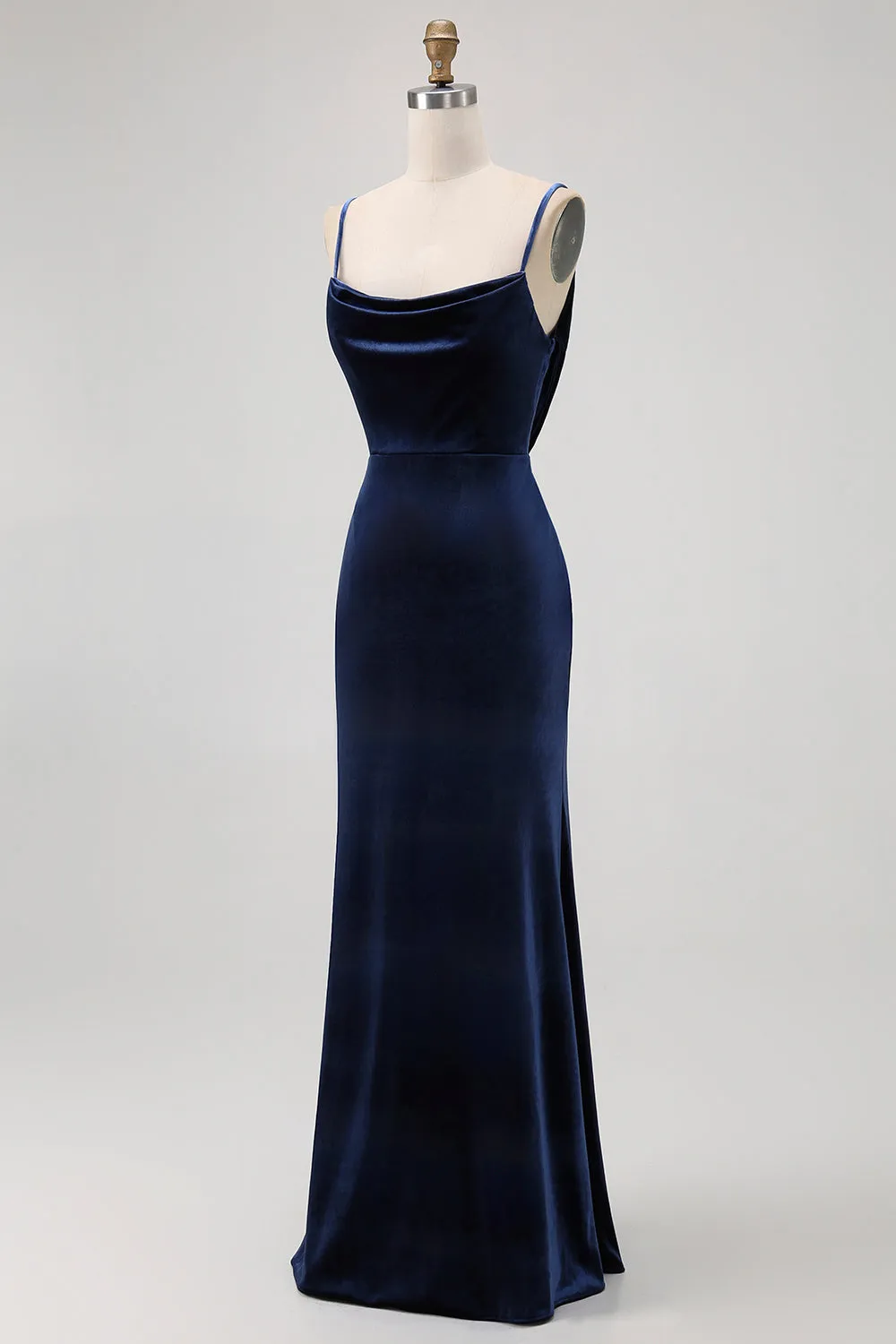 Dark Blue Mermaid Cowl Neck Velvet Long Bridesmaid Dress with Open Back sold by Wedtrend product image thumbnail 4