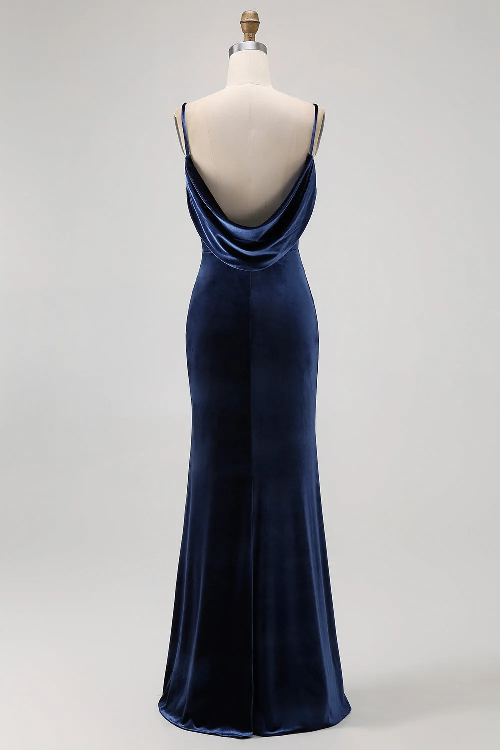 Dark Blue Mermaid Cowl Neck Velvet Long Bridesmaid Dress with Open Back sold by Wedtrend product image thumbnail 2