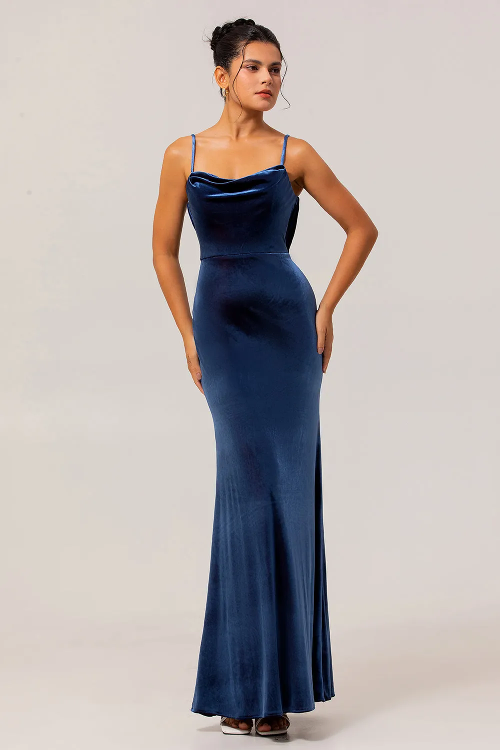 Dark Blue Mermaid Cowl Neck Velvet Long Bridesmaid Dress with Open Back sold by Wedtrend product image thumbnail 3