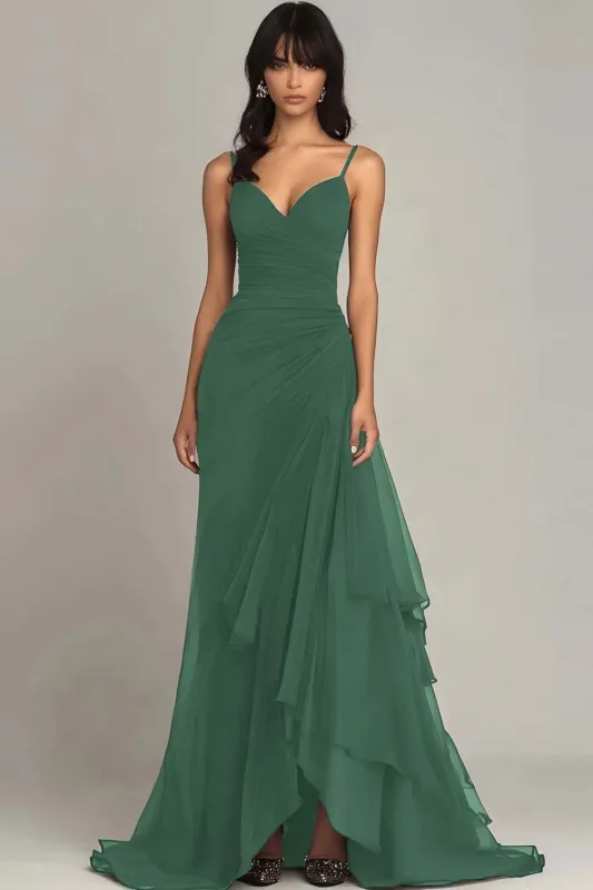 Eucalyptus A Line Spaghetti Straps Ruffled Long Formal Dress made by Wedtrend
