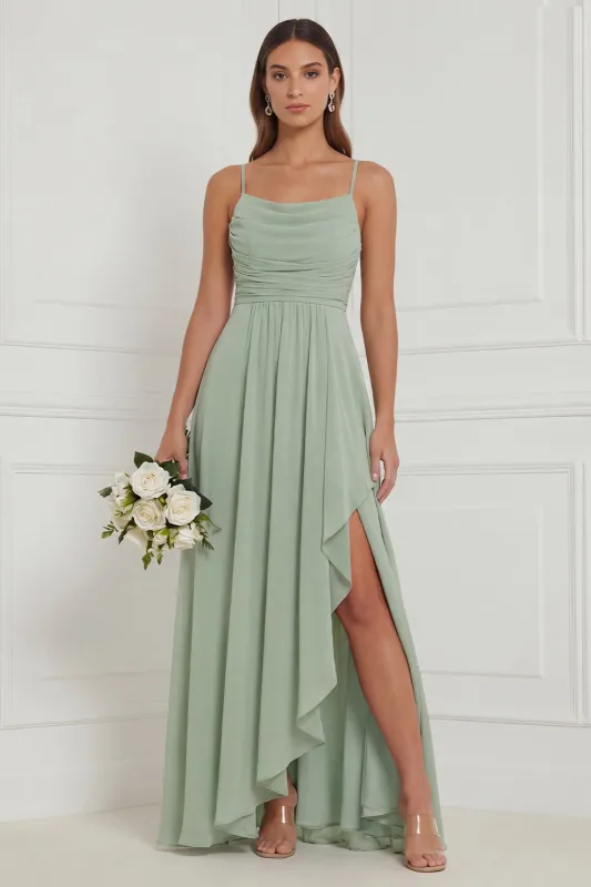 Sage Ruffle A Line Bridesmaid Dress with Slit made by Wedtrend