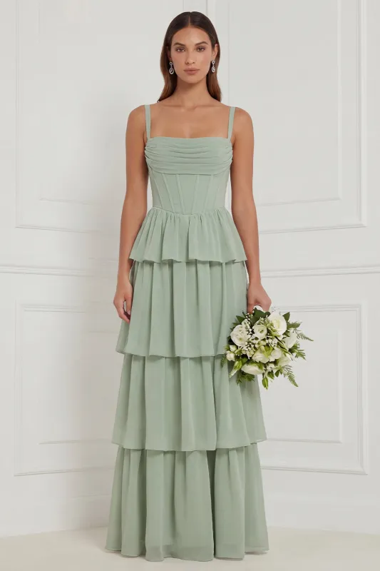 Sage A Line Tiered Ruffle Corset Long Bridesmaid Dress made by Wedtrend