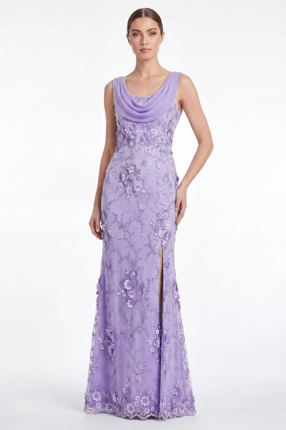 Mermaid Cowl Neck Floral Appliqued Light Plum Mother of the Bride Dress with Slit sold by Wedtrend