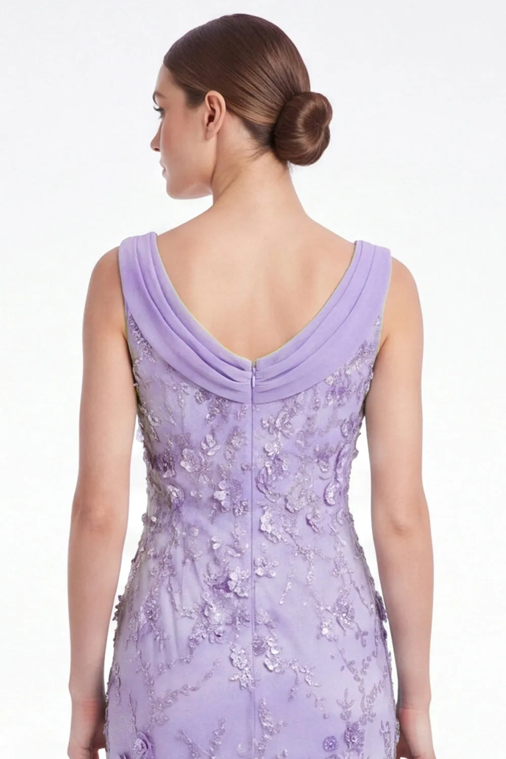 Mermaid Cowl Neck Floral Appliqued Light Plum Mother of the Bride Dress with Slit sold by Wedtrend product image thumbnail 5