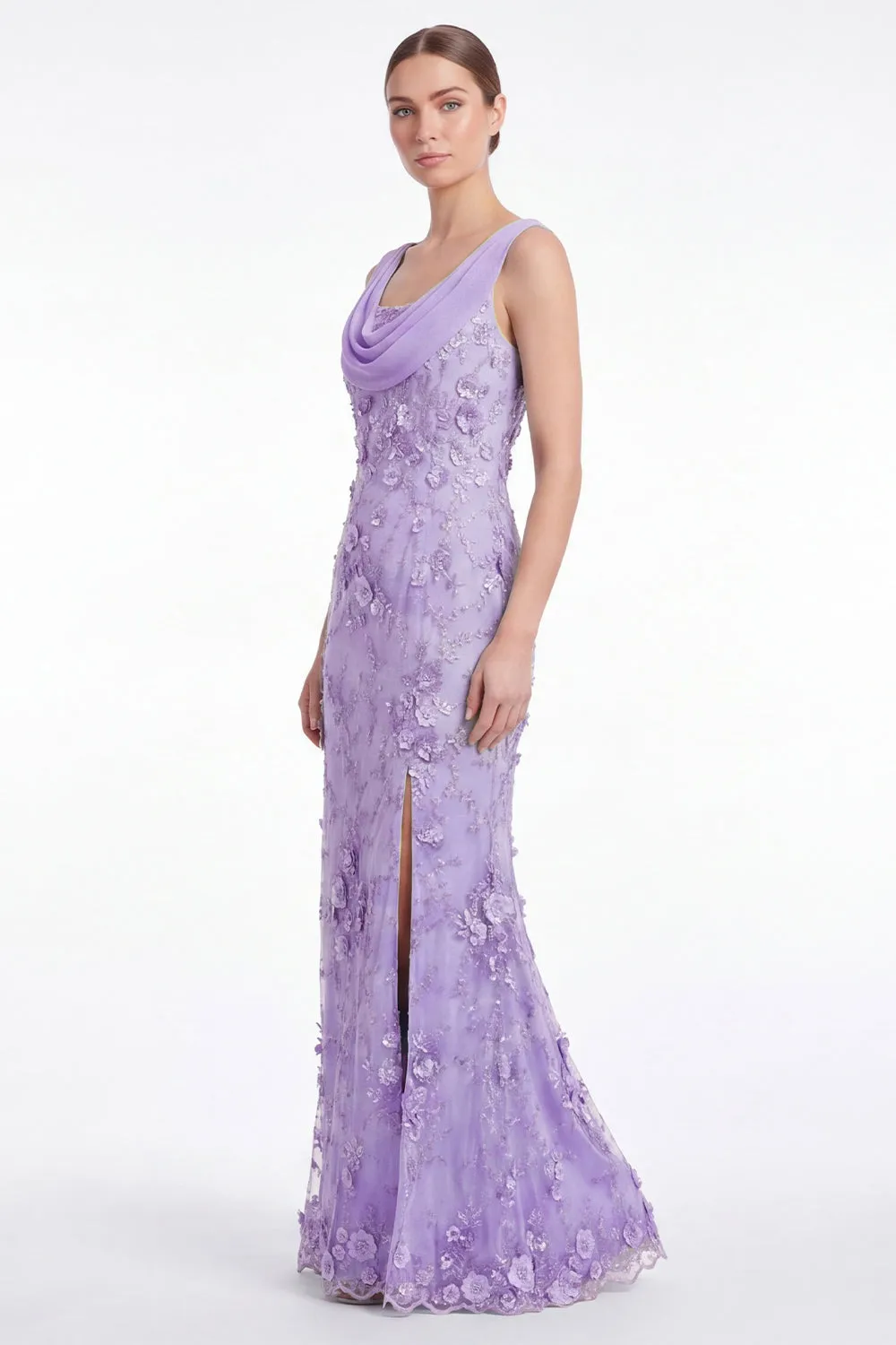 Mermaid Cowl Neck Floral Appliqued Light Plum Mother of the Bride Dress with Slit sold by Wedtrend product image thumbnail 3