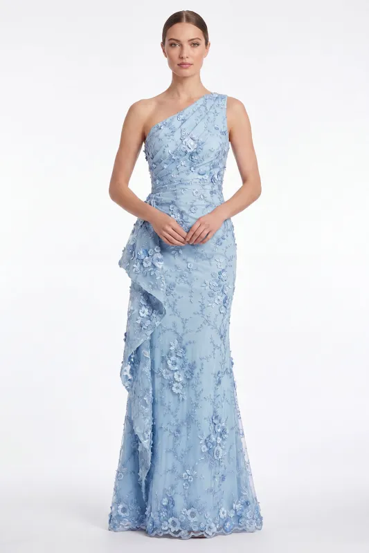 One Shoulder Light Blue Floral Appliqued Mermaid Mother of the Bride Dress made by Wedtrend