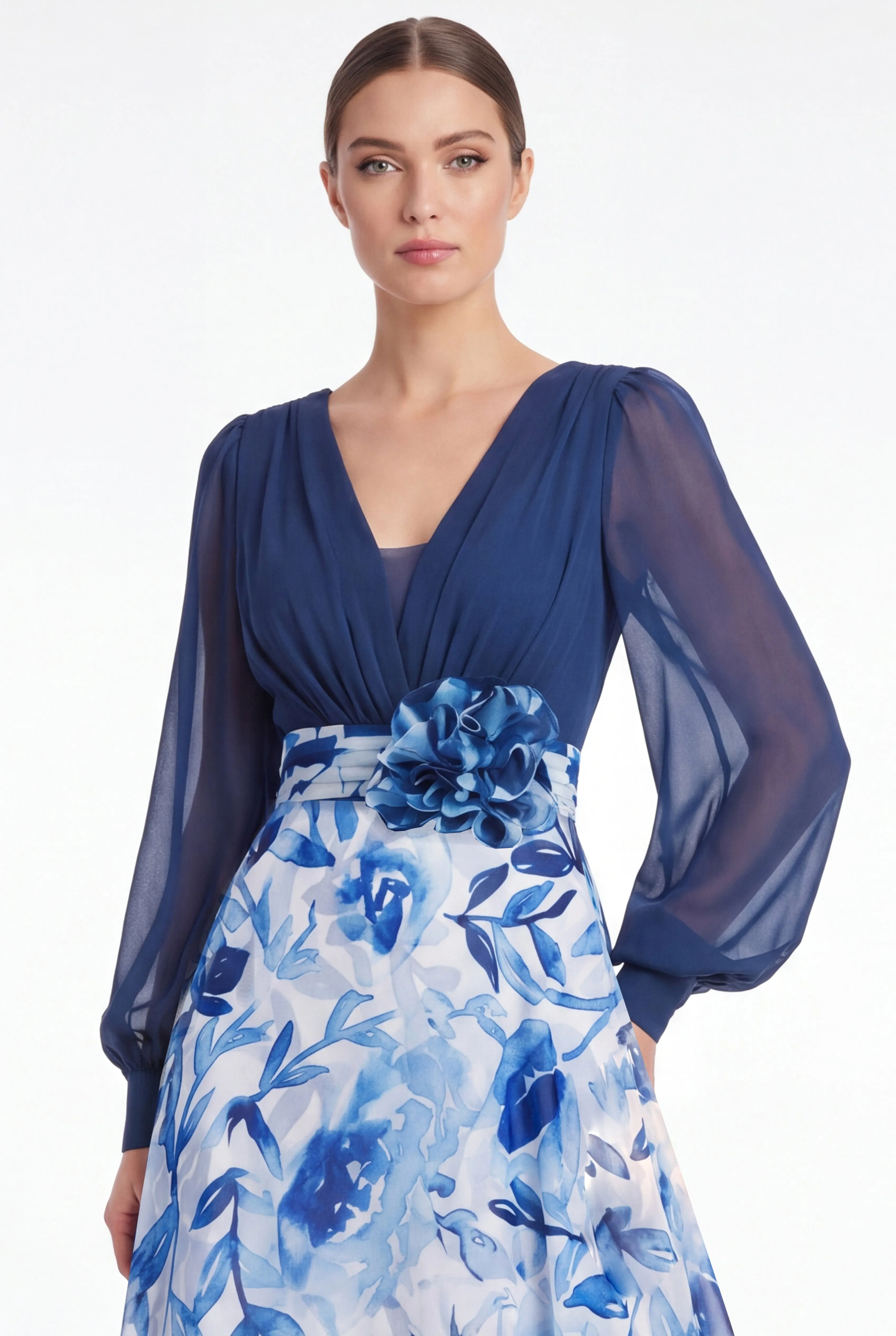 A Line Blue Flower V Neck Mother of the Bride Dress with Long Sleeves sold by Wedtrend product image thumbnail 5