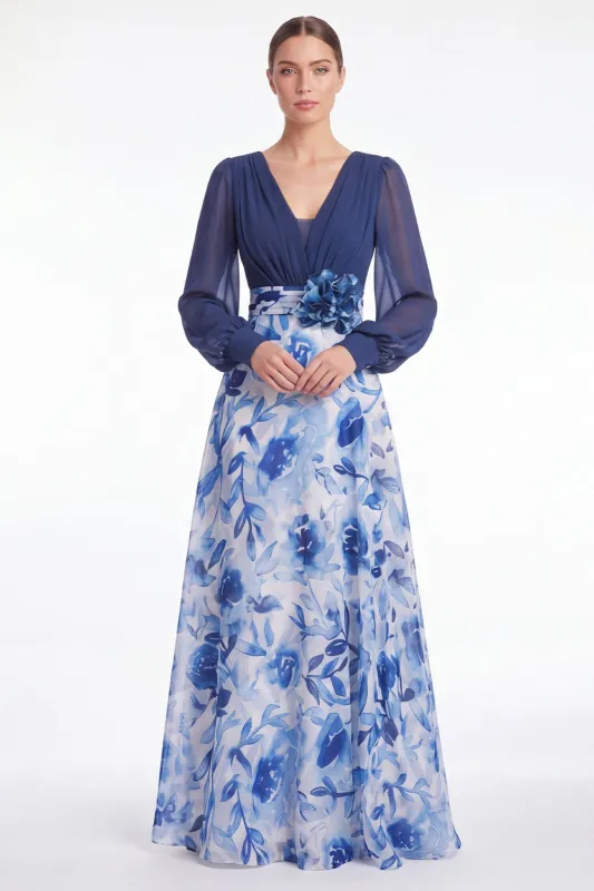 A Line Blue Flower V Neck Mother of the Bride Dress with Long Sleeves made by Wedtrend