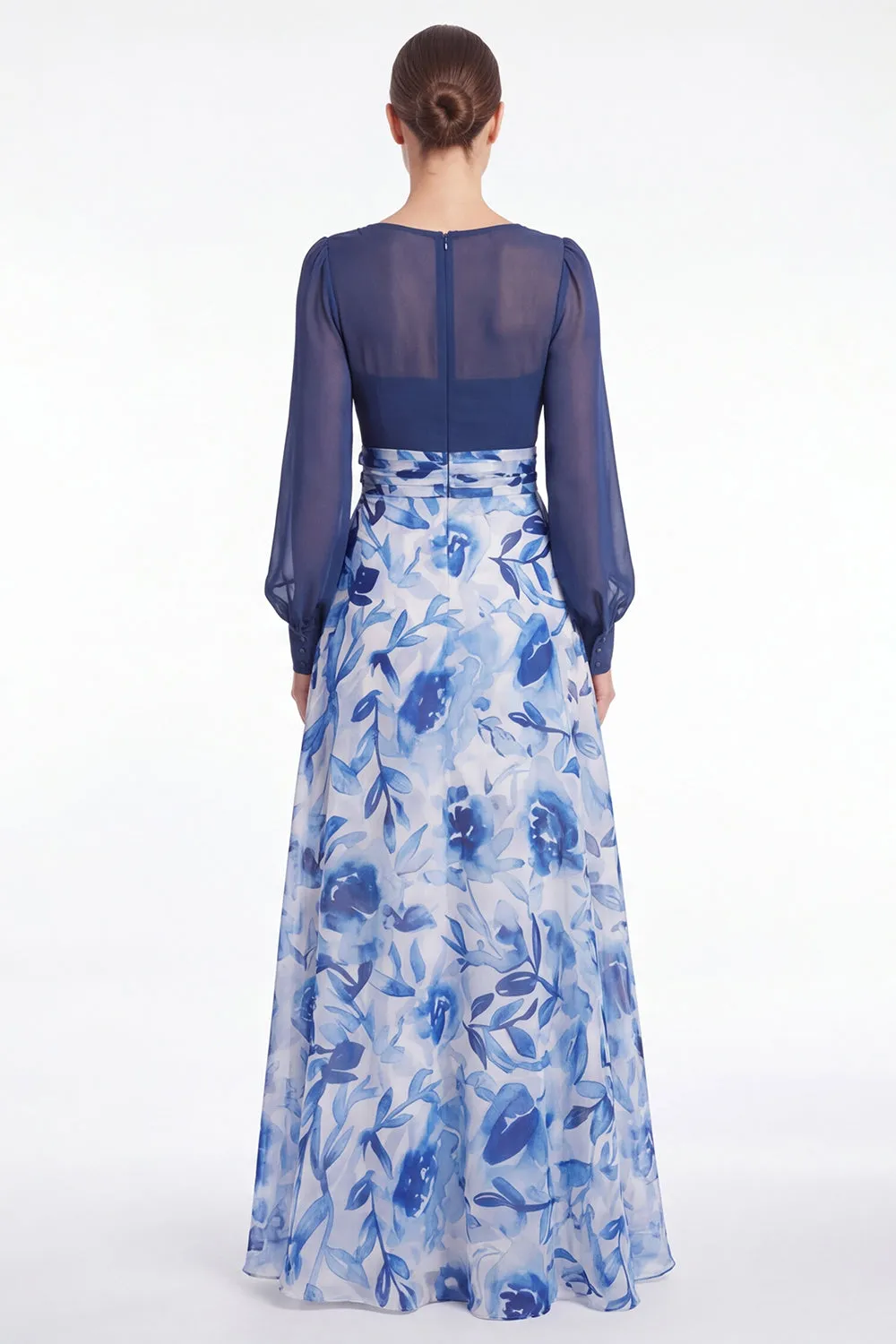 A Line Blue Flower V Neck Mother of the Bride Dress with Long Sleeves sold by Wedtrend product image thumbnail 3
