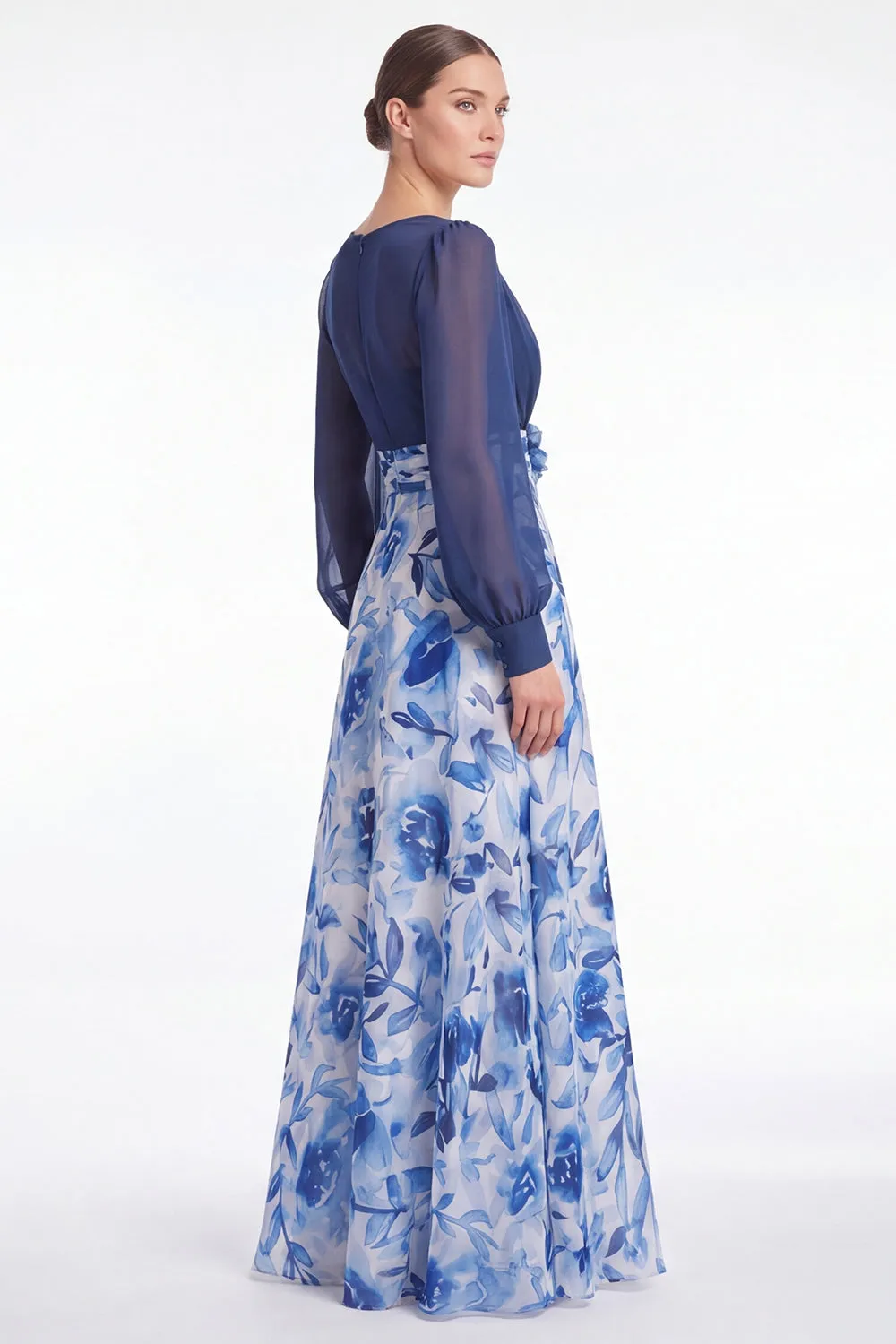 A Line Blue Flower V Neck Mother of the Bride Dress with Long Sleeves sold by Wedtrend product image thumbnail 4