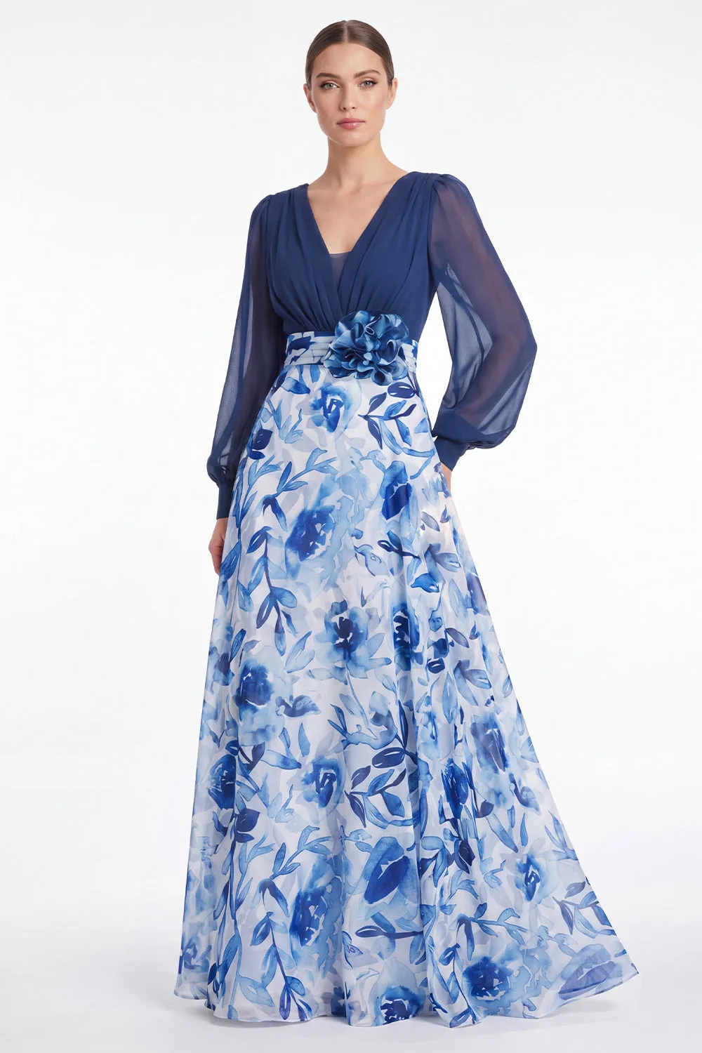 A Line Blue Flower V Neck Mother of the Bride Dress with Long Sleeves sold by Wedtrend product image thumbnail 2