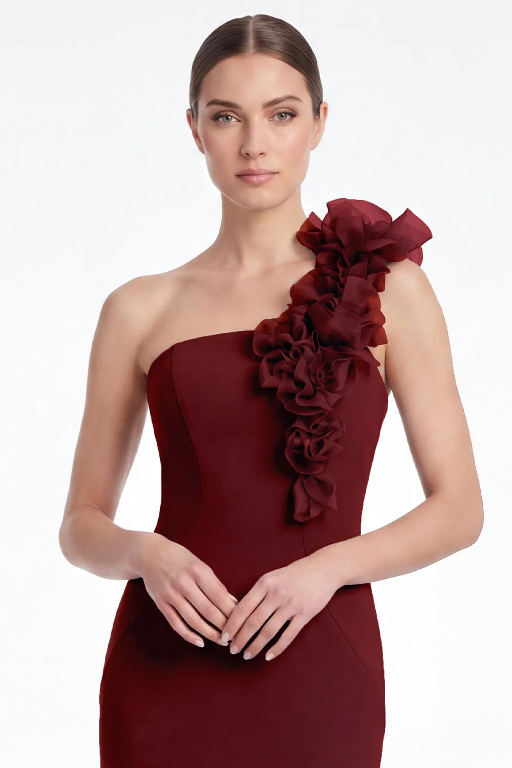 Burgundy One Shoulder Mermaid Mother of the Bride Dress with 3D Flowers sold by Wedtrend product image thumbnail 4