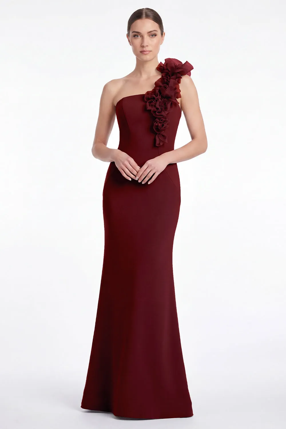 Burgundy One Shoulder Mermaid Mother of the Bride Dress with 3D Flowers sold by Wedtrend