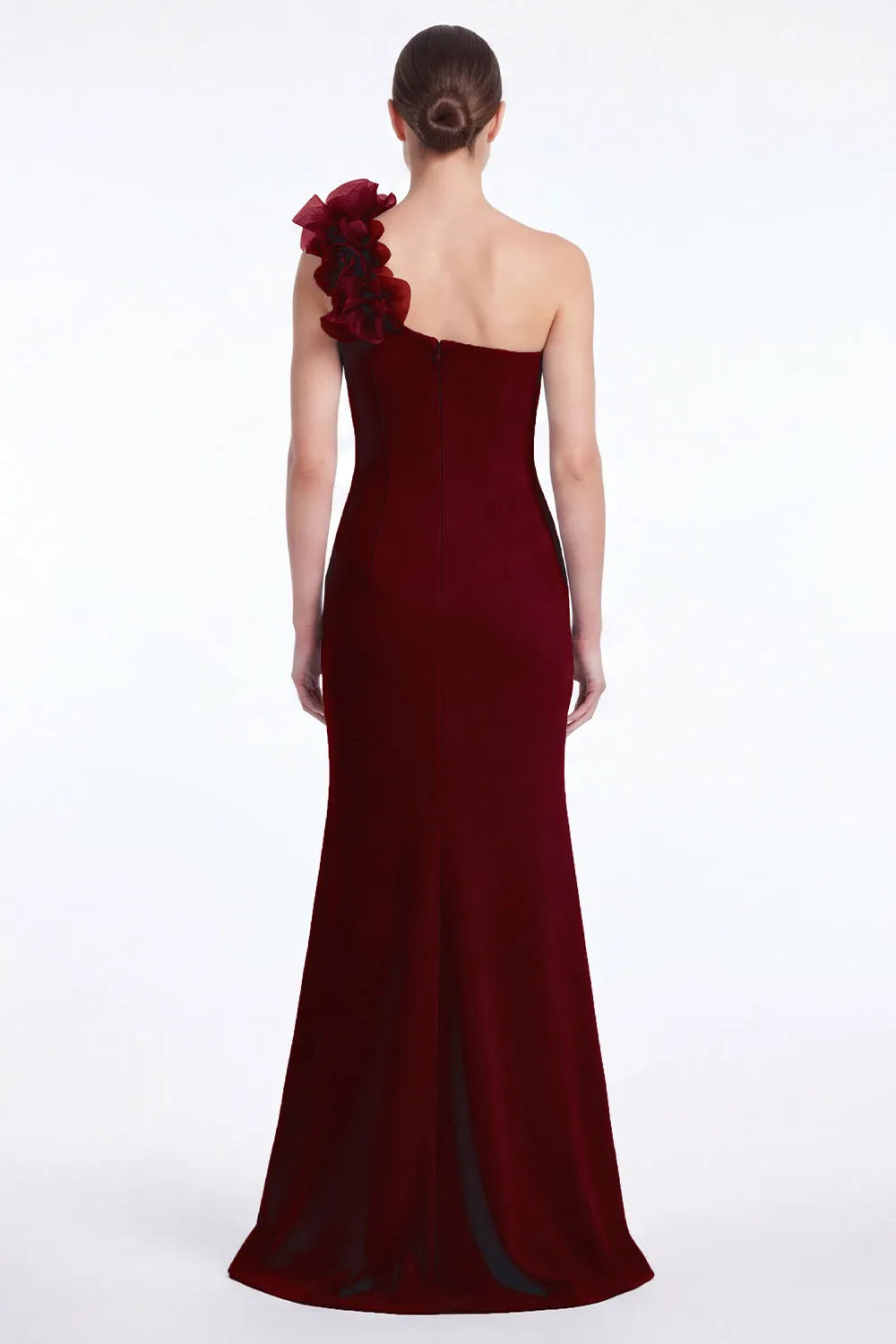 Burgundy One Shoulder Mermaid Mother of the Bride Dress with 3D Flowers sold by Wedtrend product image thumbnail 2