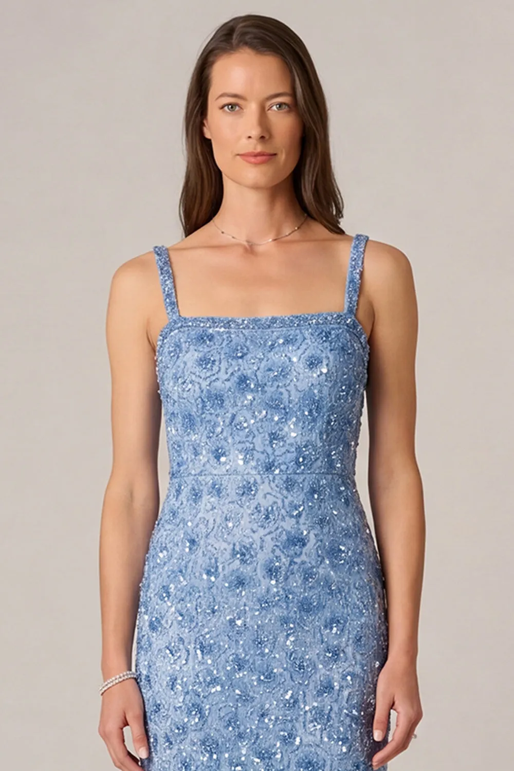 Blue Beaded Sheath Square Neck Maxi Dress sold by Wedtrend product image thumbnail 4
