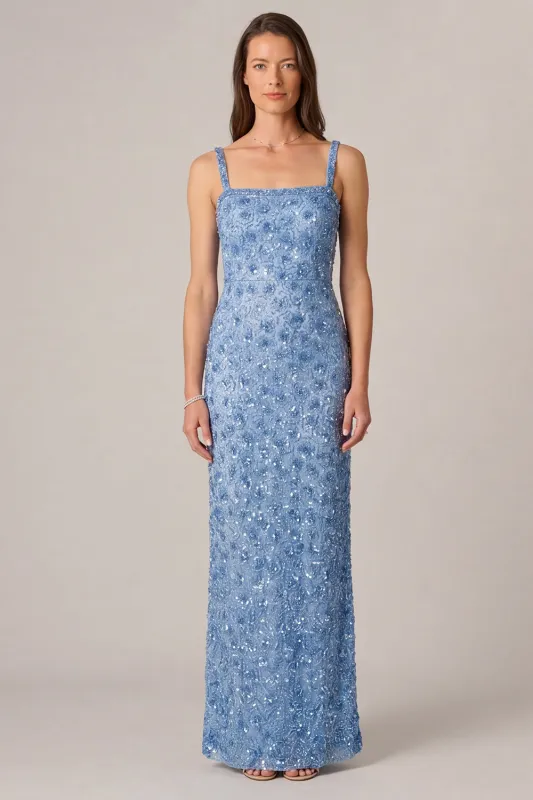 Blue Beaded Sheath Square Neck Maxi Dress made by Wedtrend