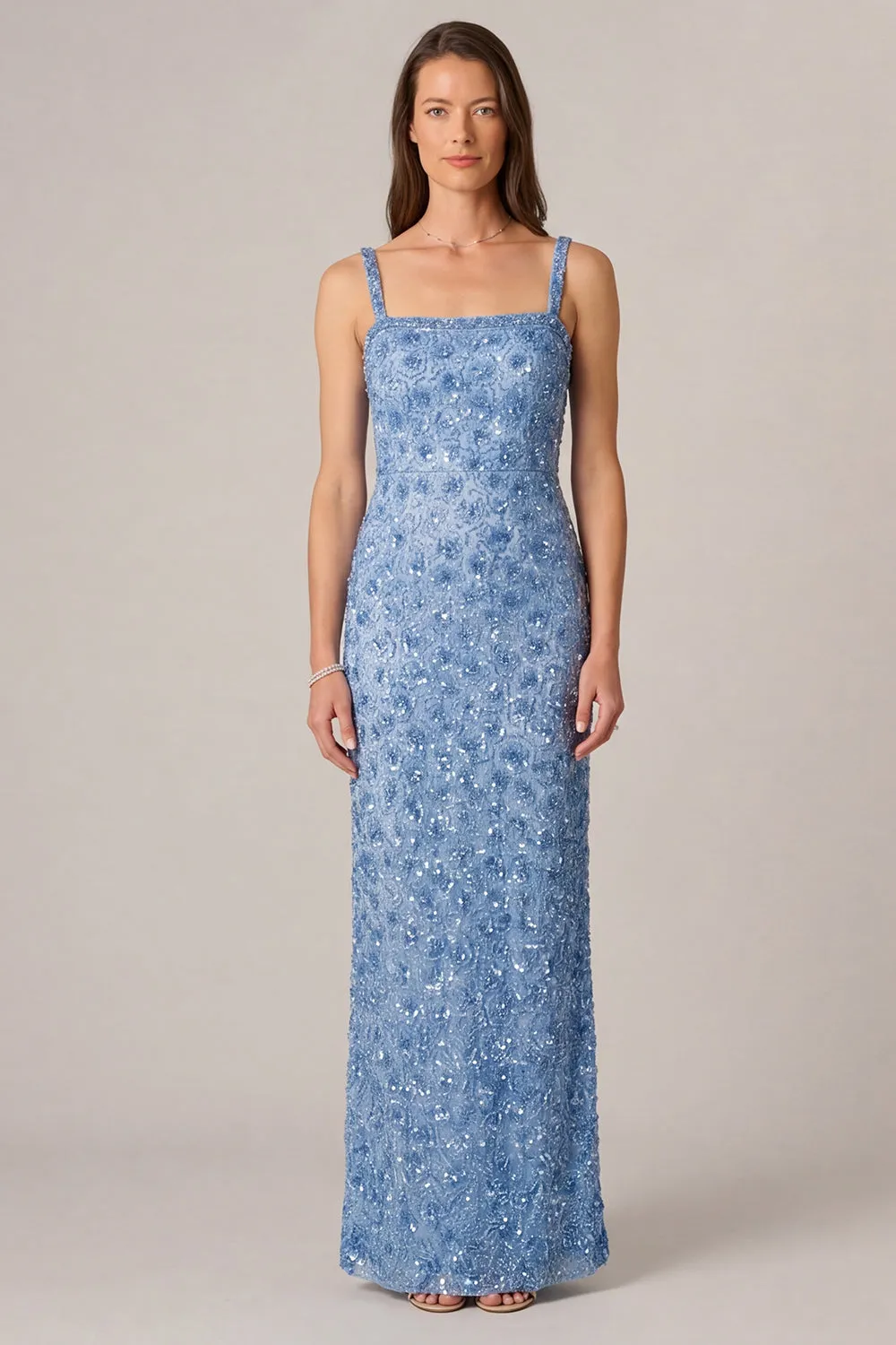 Blue Beaded Sheath Square Neck Maxi Dress sold by Wedtrend