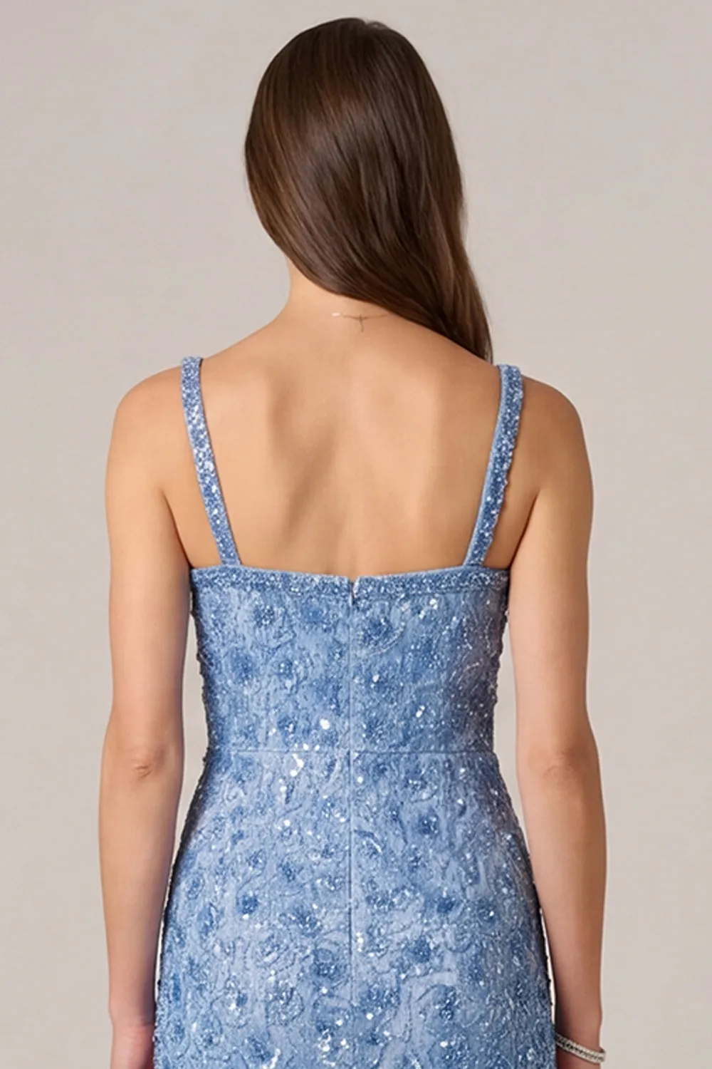 Blue Beaded Sheath Square Neck Maxi Dress sold by Wedtrend product image thumbnail 5