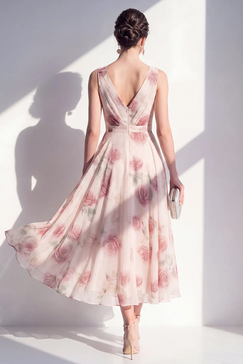 Blush Floral A Line V Neck Midi Wedding Guest Dress sold by Wedtrend product image thumbnail 2