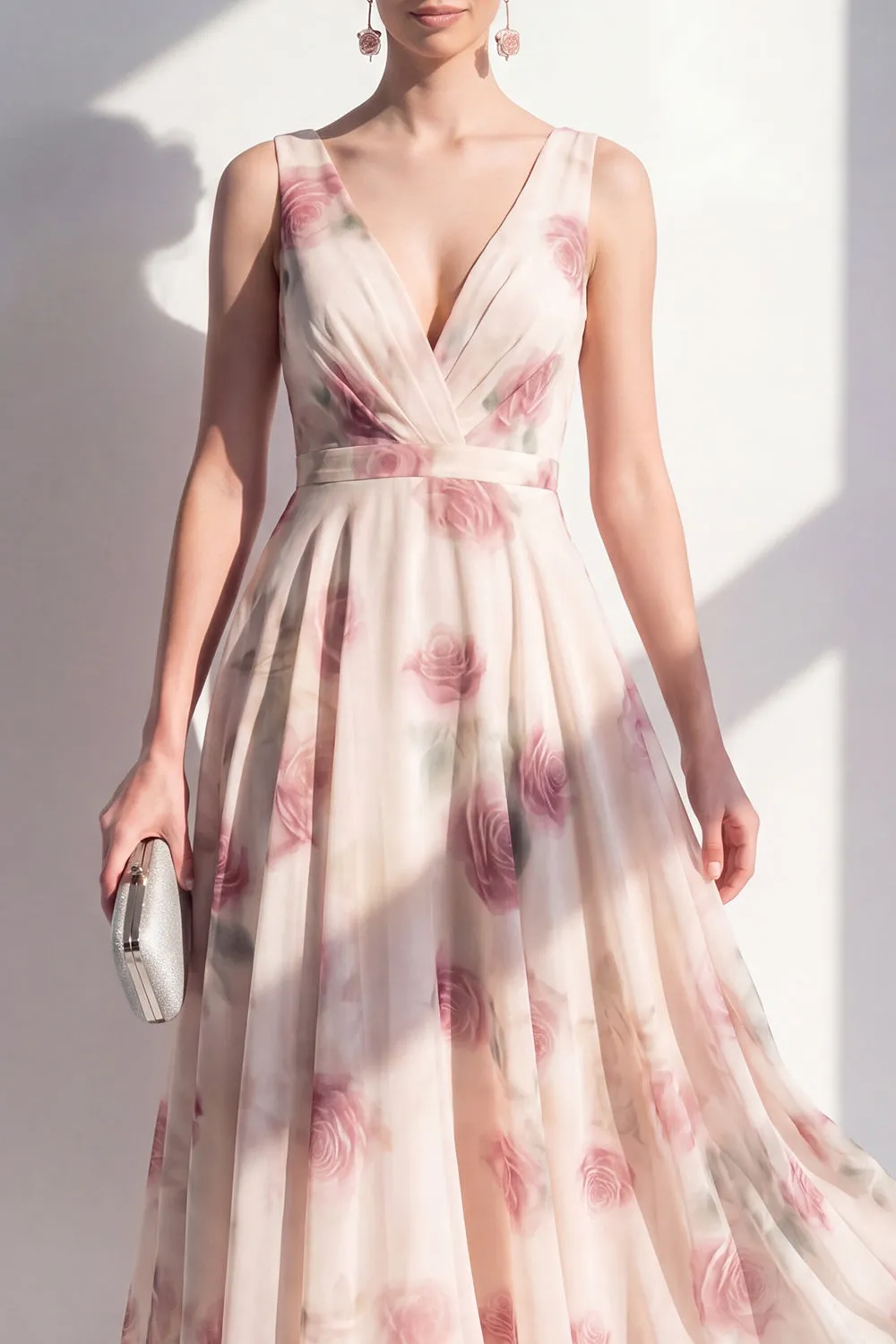 Blush Floral A Line V Neck Midi Wedding Guest Dress sold by Wedtrend product image thumbnail 3
