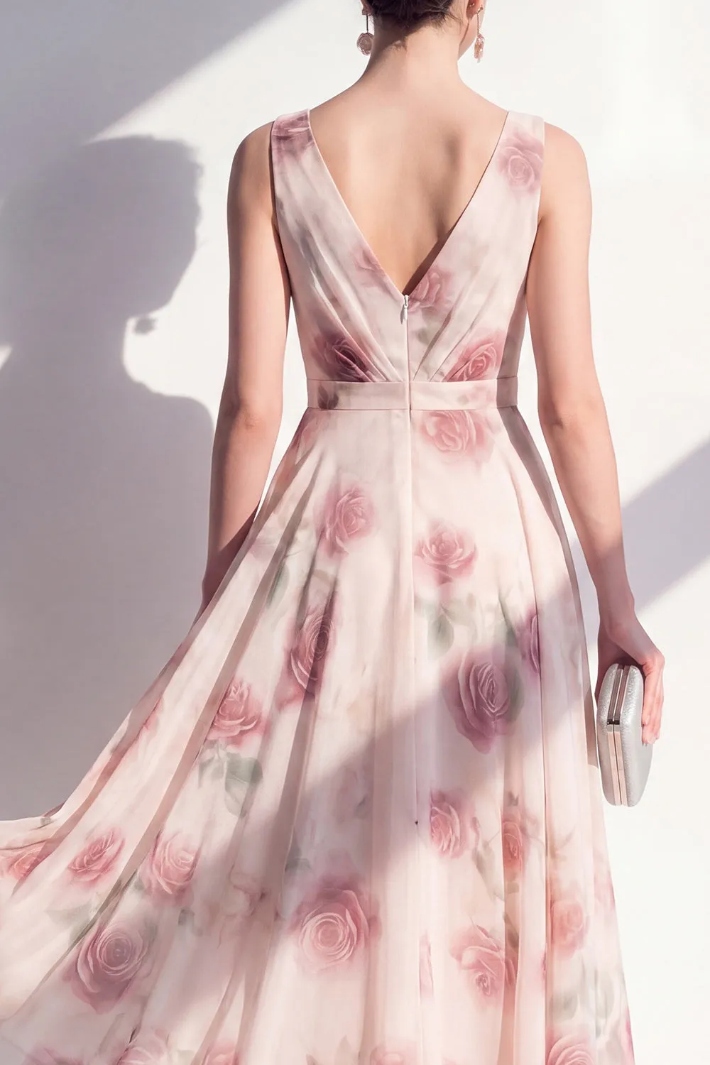 Blush Floral A Line V Neck Midi Wedding Guest Dress sold by Wedtrend product image thumbnail 4