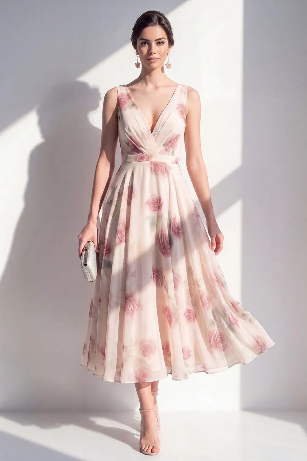 Blush Floral A Line V Neck Midi Wedding Guest Dress sold by Wedtrend