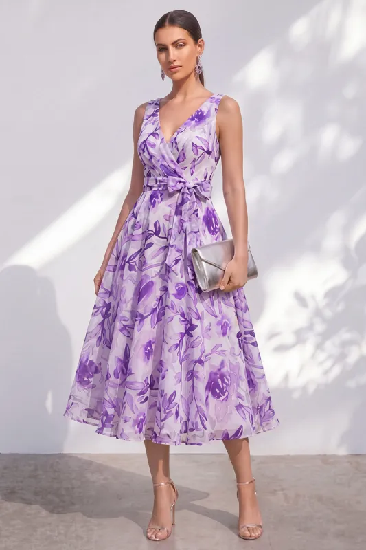 Purple Flower A Line V Neck Wedding Guest Dress with Belt made by Wedtrend