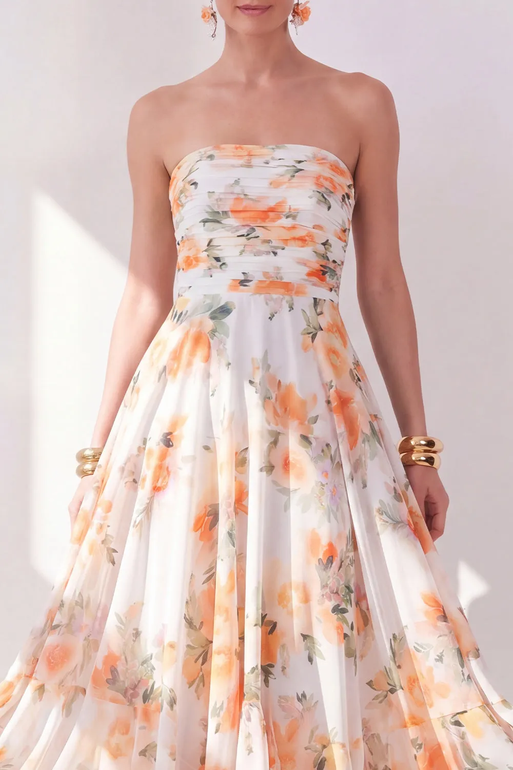 Orange Flower Strapless A Line Ruched Midi Wedding Guest Dress sold by Wedtrend product image thumbnail 3