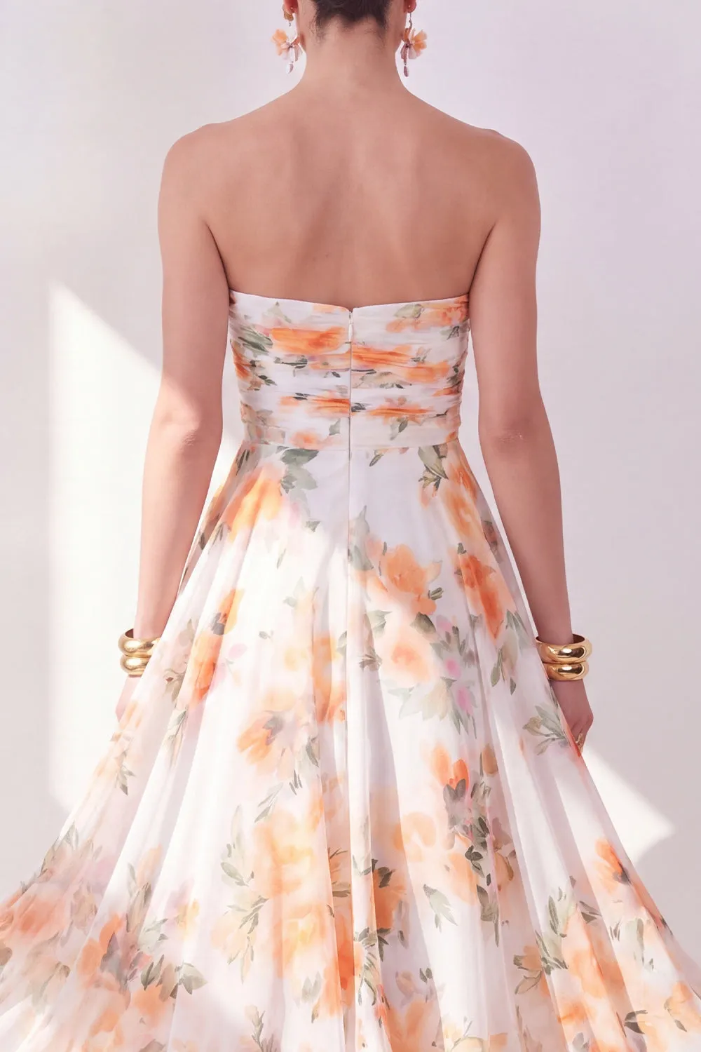 Orange Flower Strapless A Line Ruched Midi Wedding Guest Dress sold by Wedtrend product image thumbnail 4
